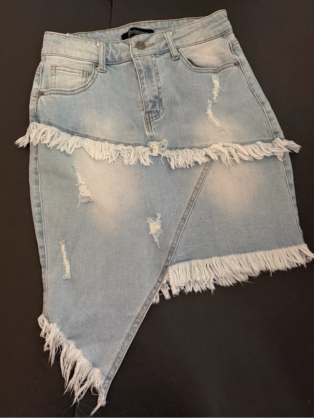 April Jeans Light Blue Distressed Asymmetrical Denim Fringe Skirt Size Small